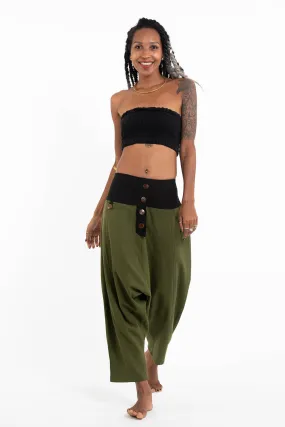 Cotton Women's Harem Pants with Faux Buttons in Green