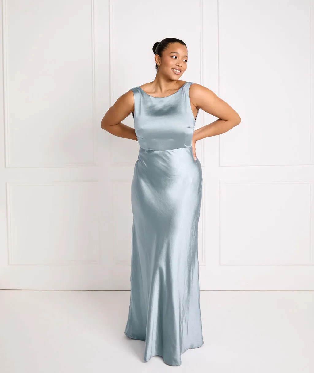 Cowl Back Satin Bridesmaid Dress - Dusty Blue