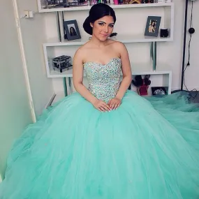 Crystal Beaded Sweetheart Mint Green Tulle Ball Gowns Prom Dresses