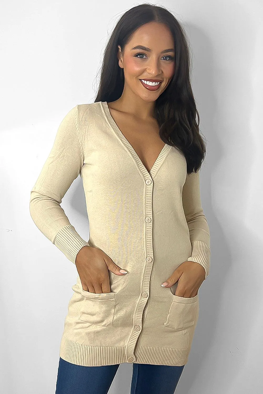 Deep V-Neck Longline Cardigan WIth Pockets