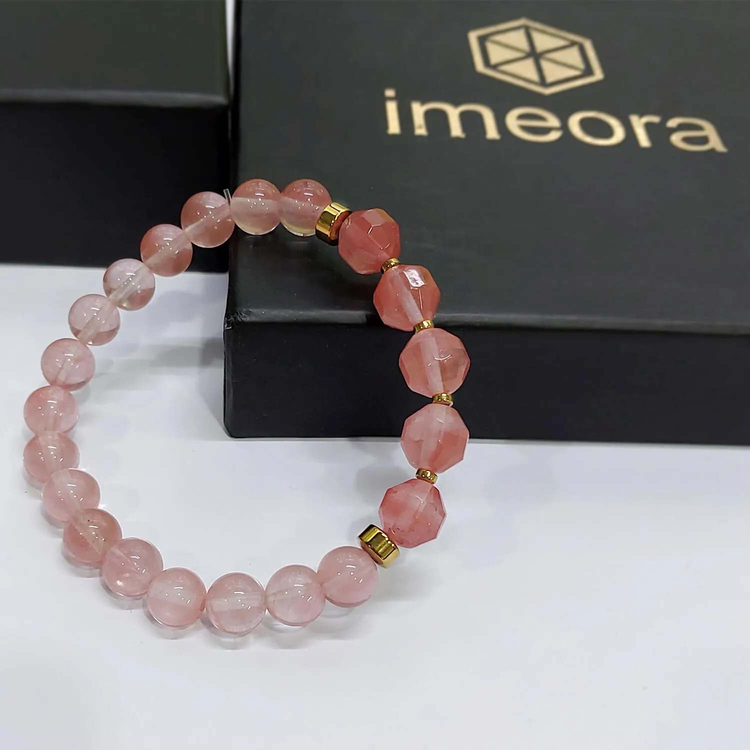 Diamond Cut Strawberry Quartz With Golden Hematite Natural Stone Bracelet