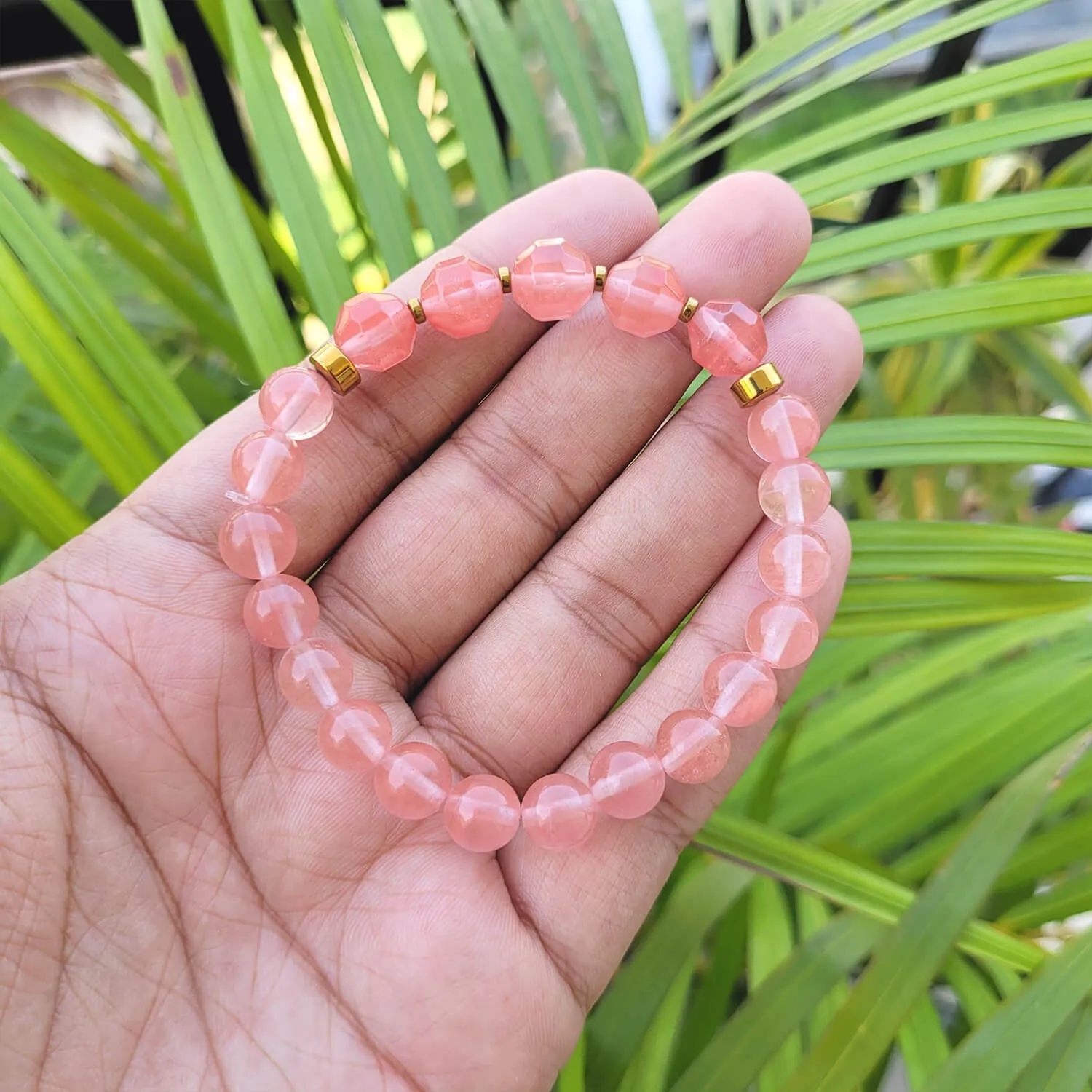 Diamond Cut Strawberry Quartz With Golden Hematite Natural Stone Bracelet