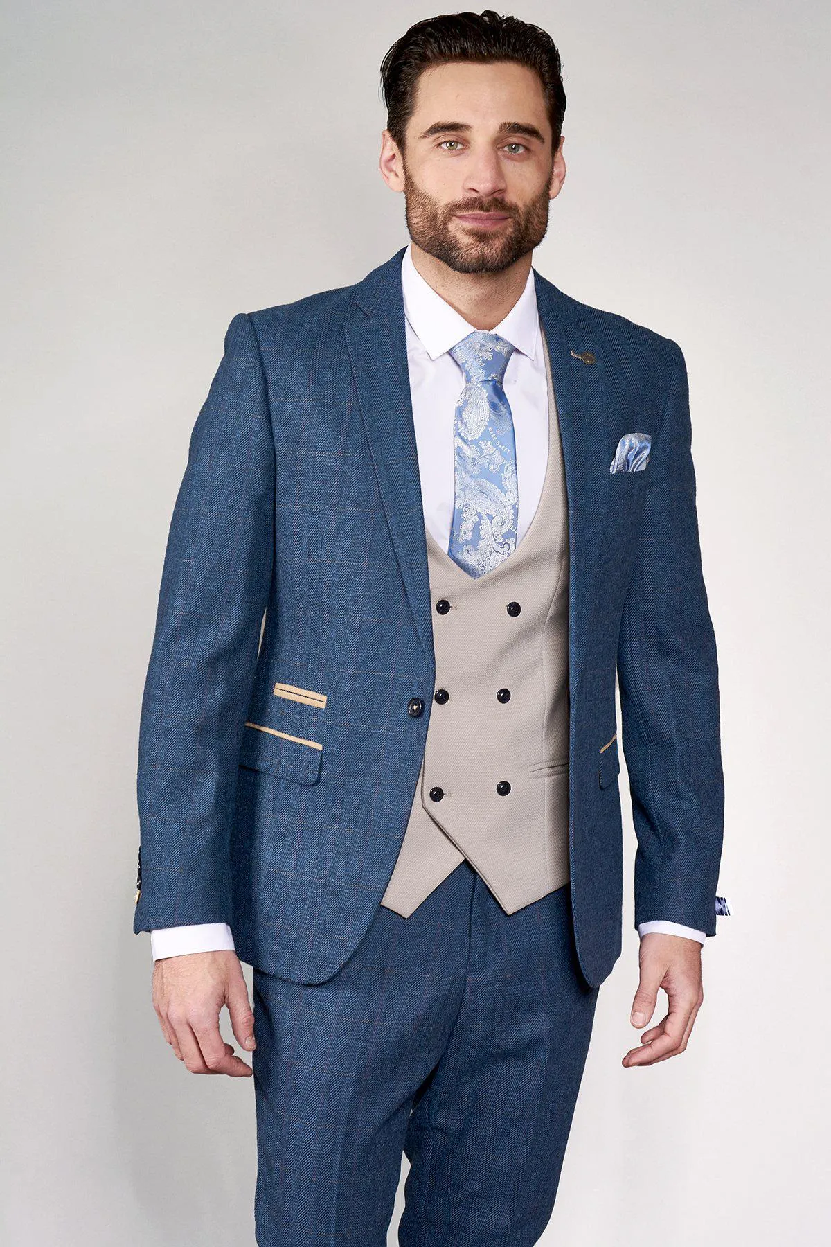 DION - Blue Tweed Check Suit With Kelvin Stone Waistcoat