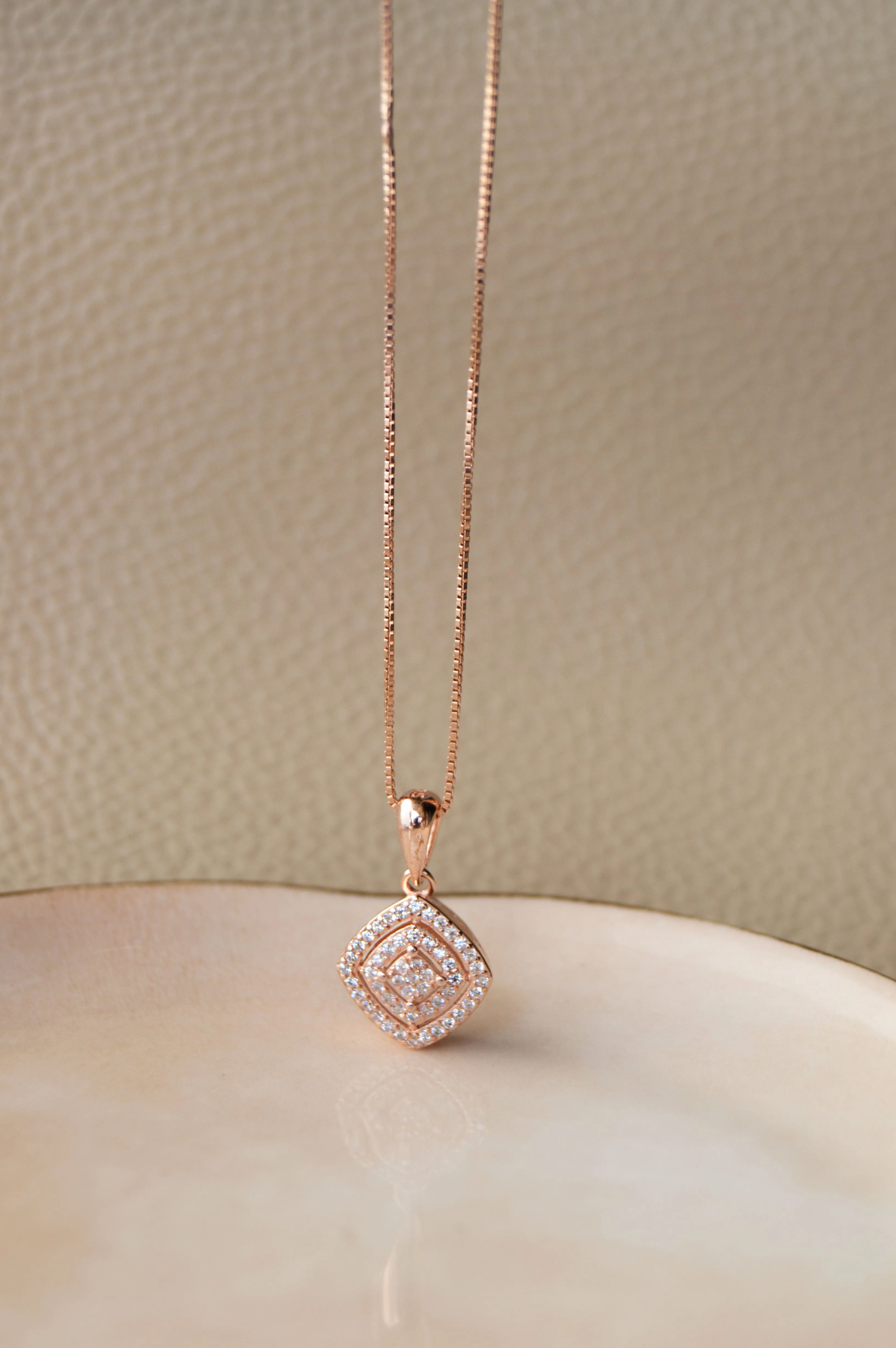 Ecentric Square Rose Gold Plated Sterling Silver Pendant Set