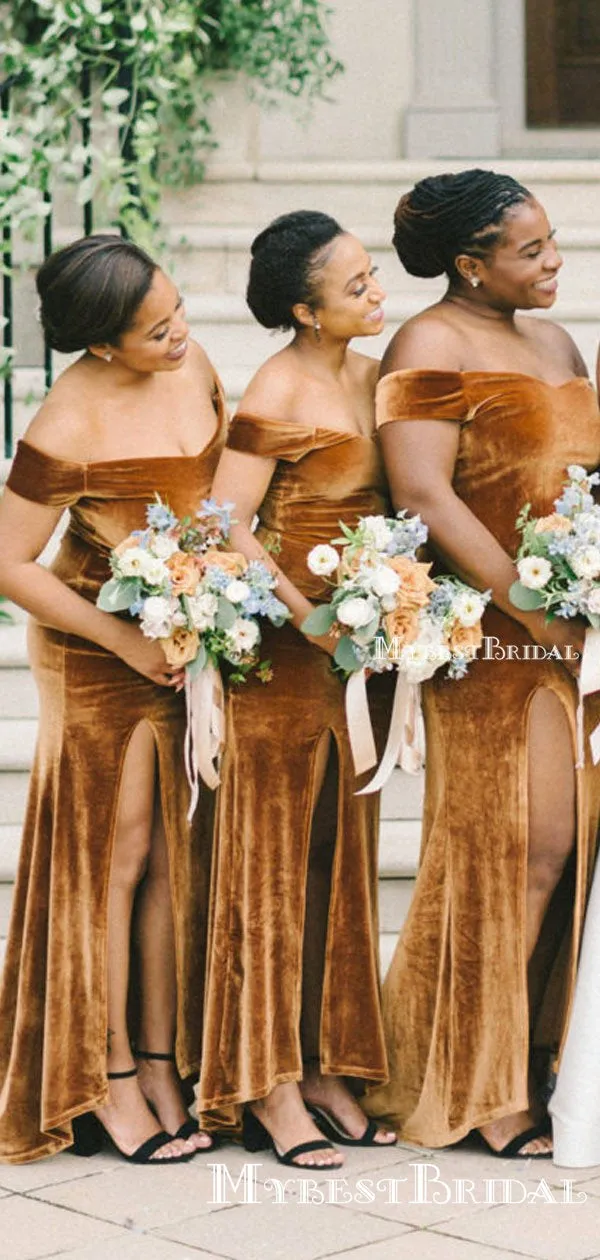 Elegant Off-The-Shoulder Brown Velvet Side Slit Long Cheap Bridesmaid Dresses, BDS0025