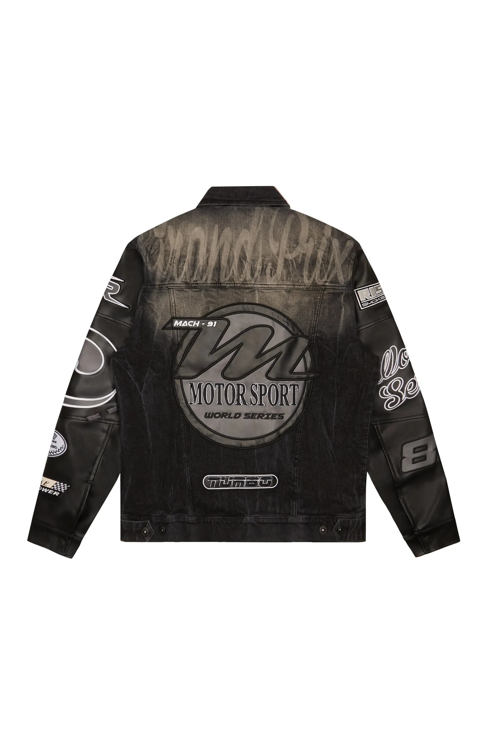 Embroidered Patched Racing Jean Jacket - Moon Black