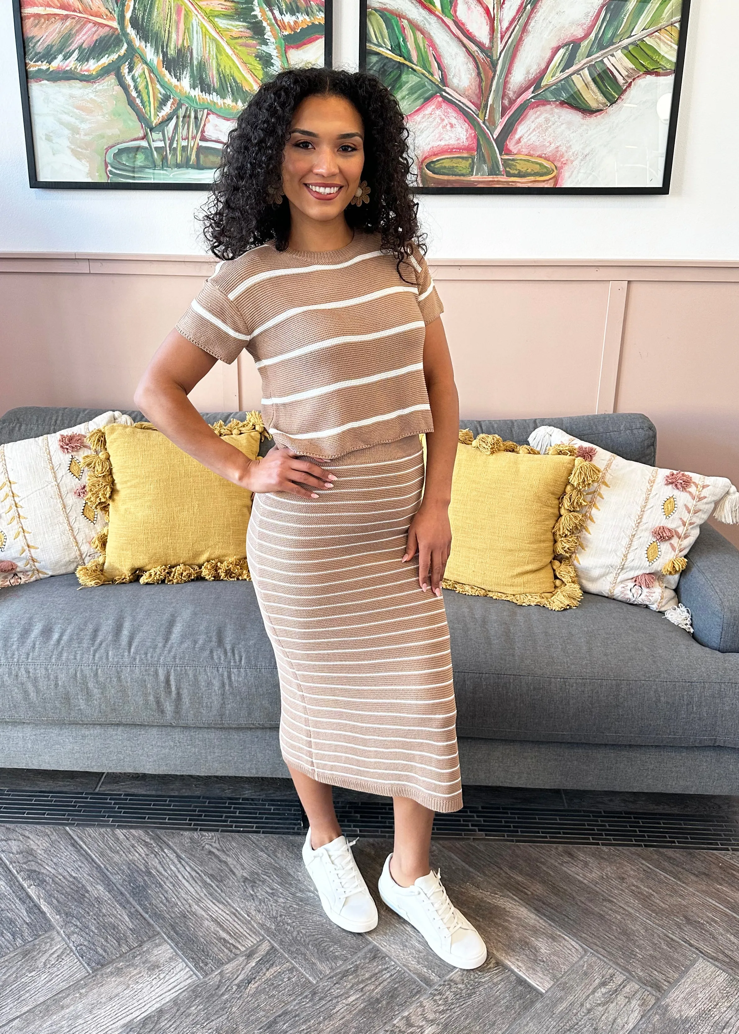 FINAL SALE - Taupe Striped Top & Skirt Set