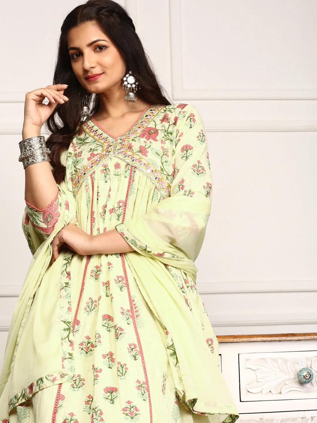 Floral Motifs Printed Empire Mirror Work Anarkali Kurta With Trousers & Dupatta