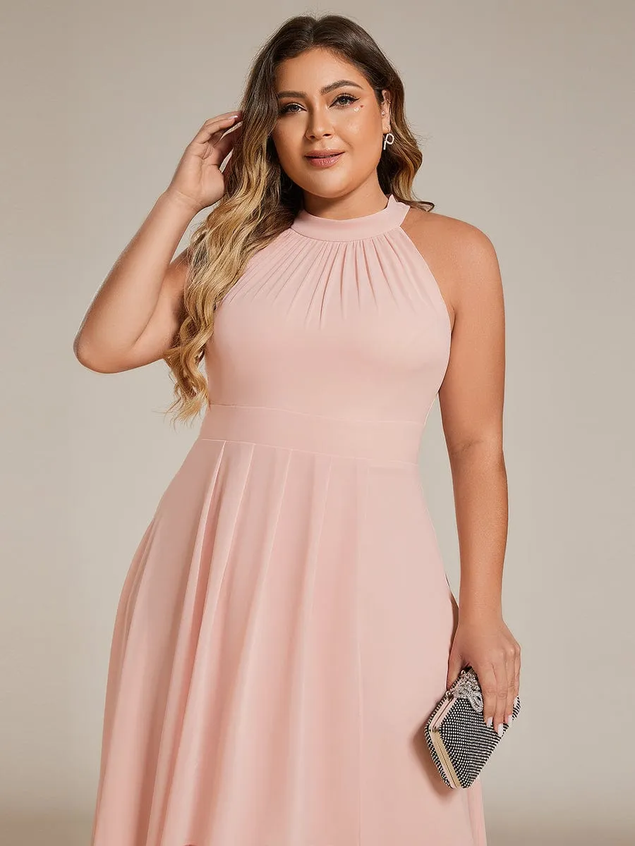 Flowy Plus Size Halter Neck Chiffon Midi Wedding Guest Dress