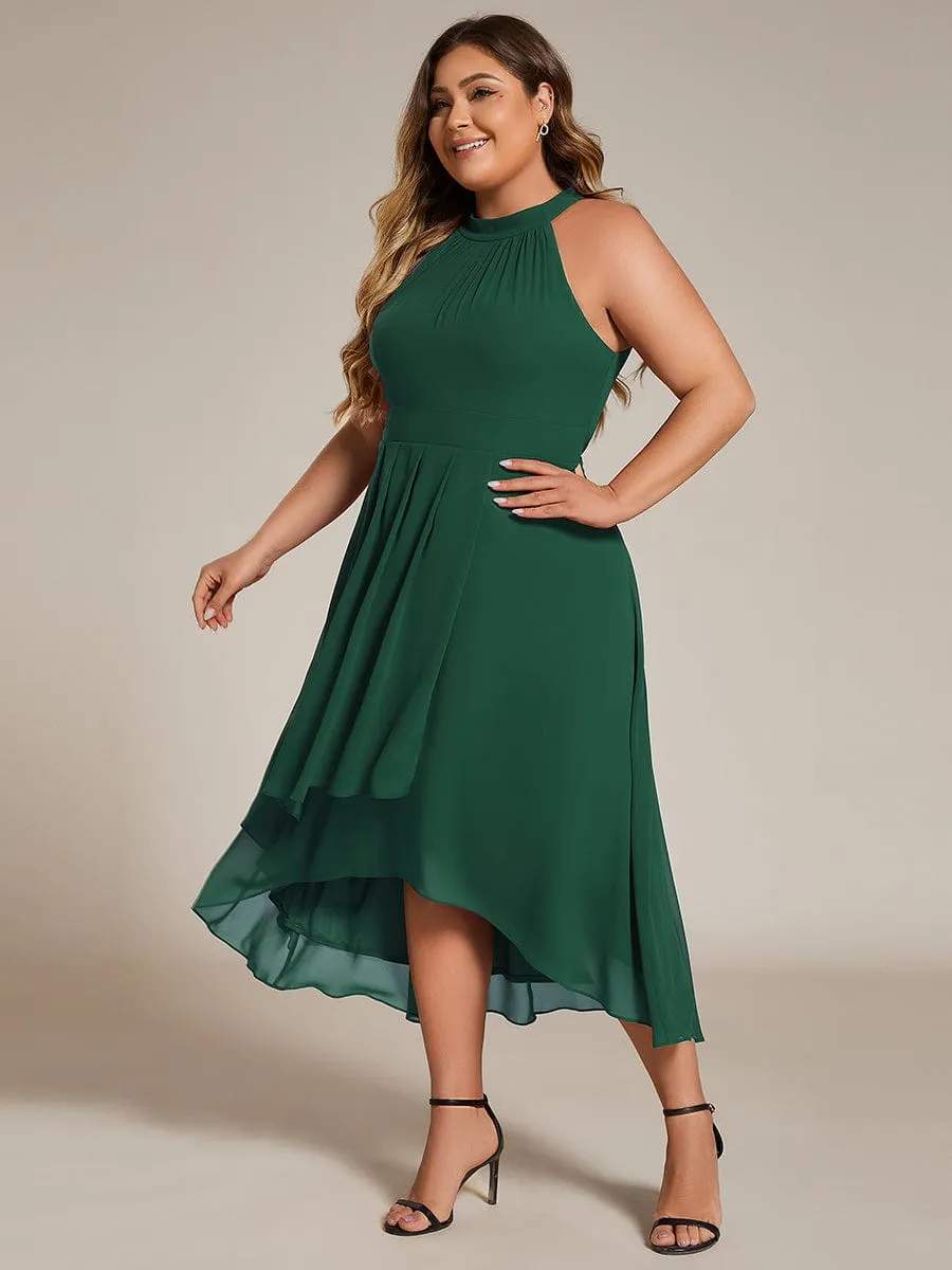 Flowy Plus Size Halter Neck Chiffon Midi Wedding Guest Dress