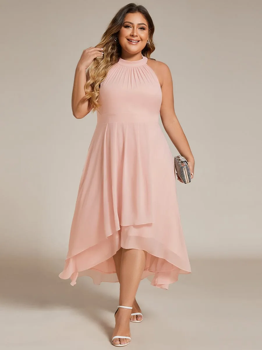 Flowy Plus Size Halter Neck Chiffon Midi Wedding Guest Dress