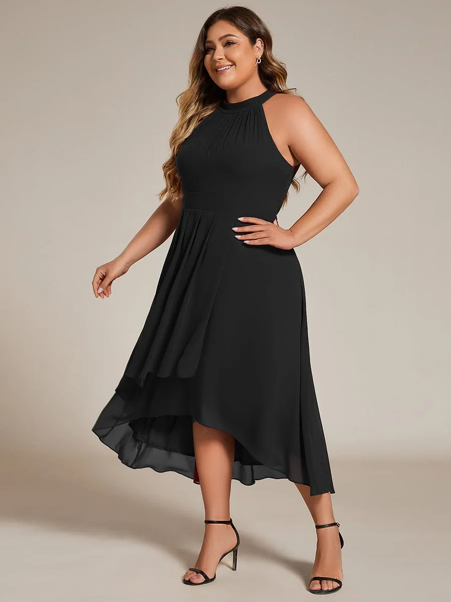 Flowy Plus Size Halter Neck Chiffon Midi Wedding Guest Dress