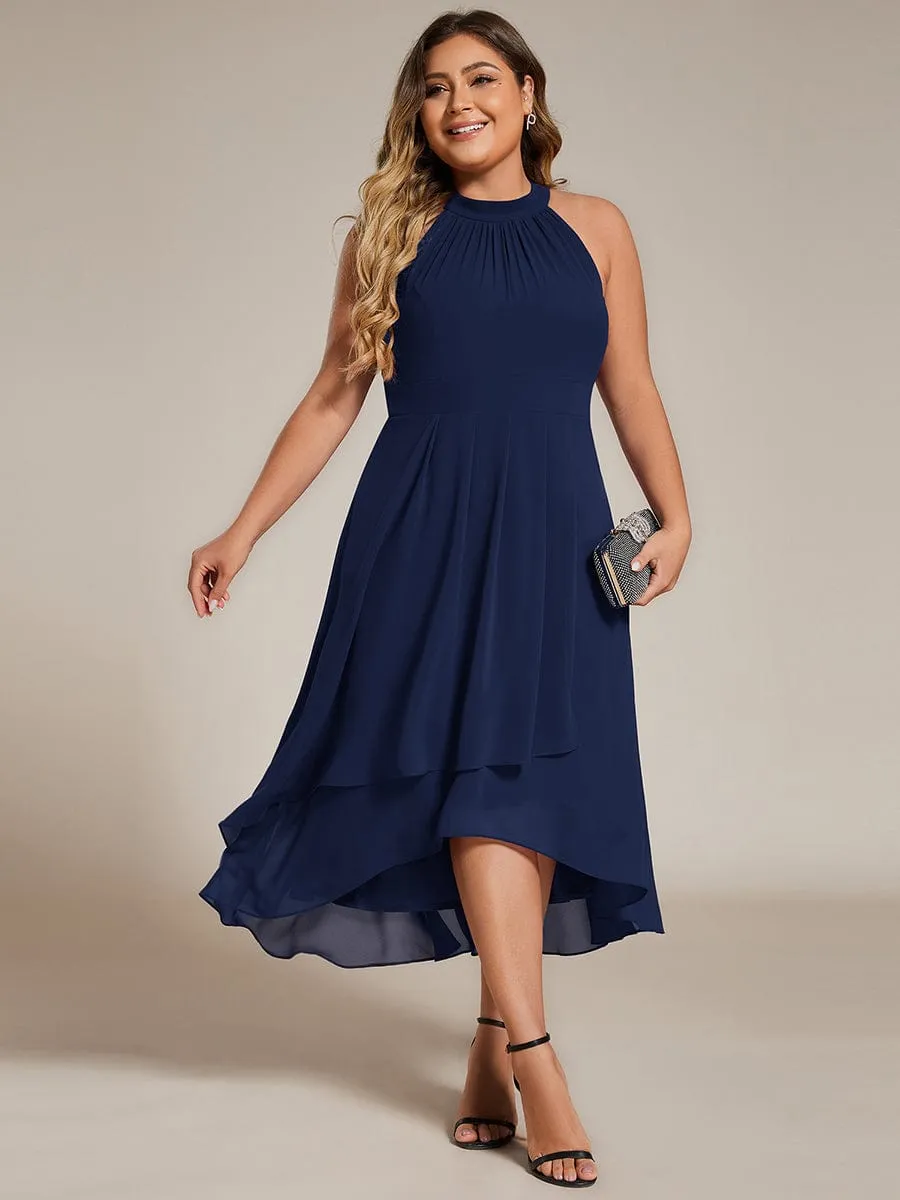 Flowy Plus Size Halter Neck Chiffon Midi Wedding Guest Dress