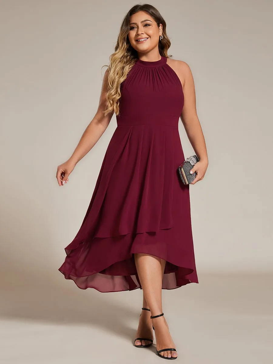 Flowy Plus Size Halter Neck Chiffon Midi Wedding Guest Dress