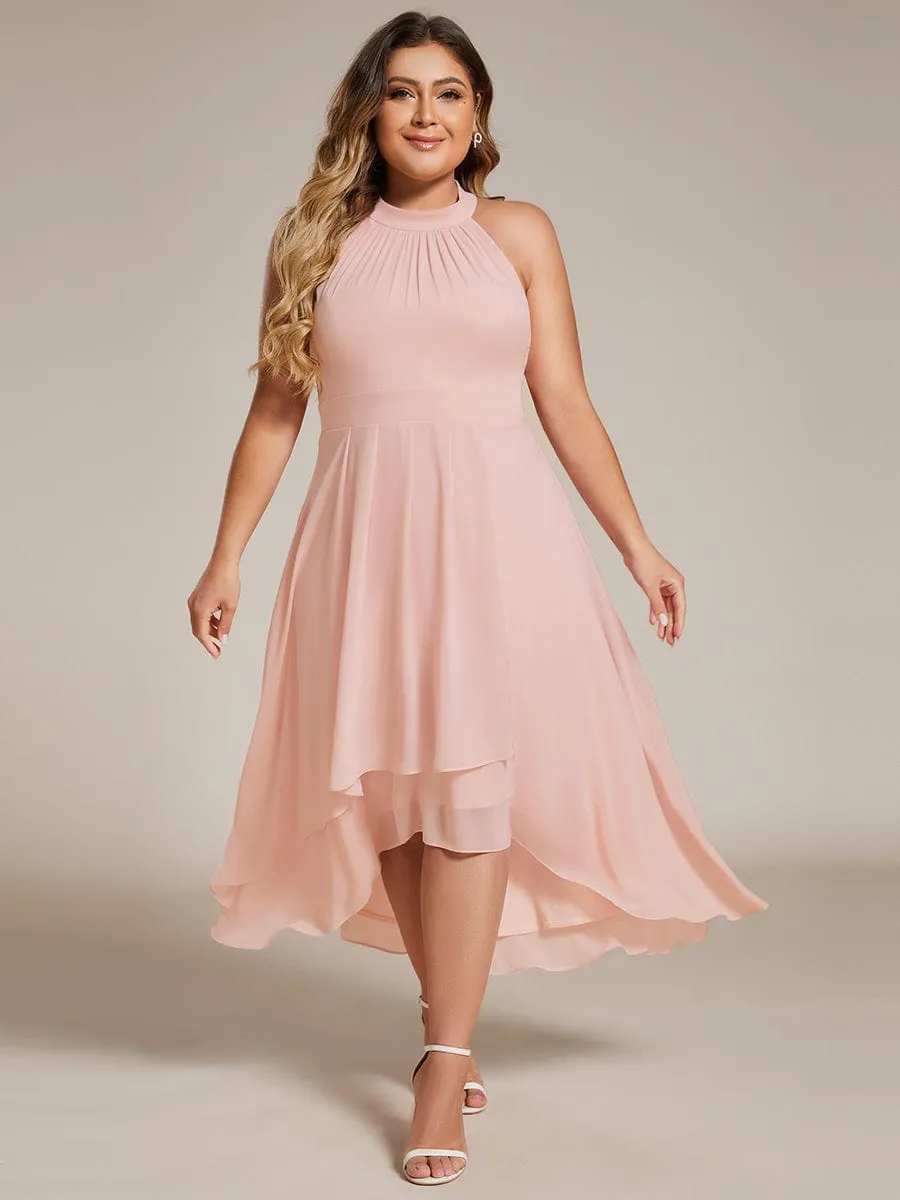 Flowy Plus Size Halter Neck Chiffon Midi Wedding Guest Dress