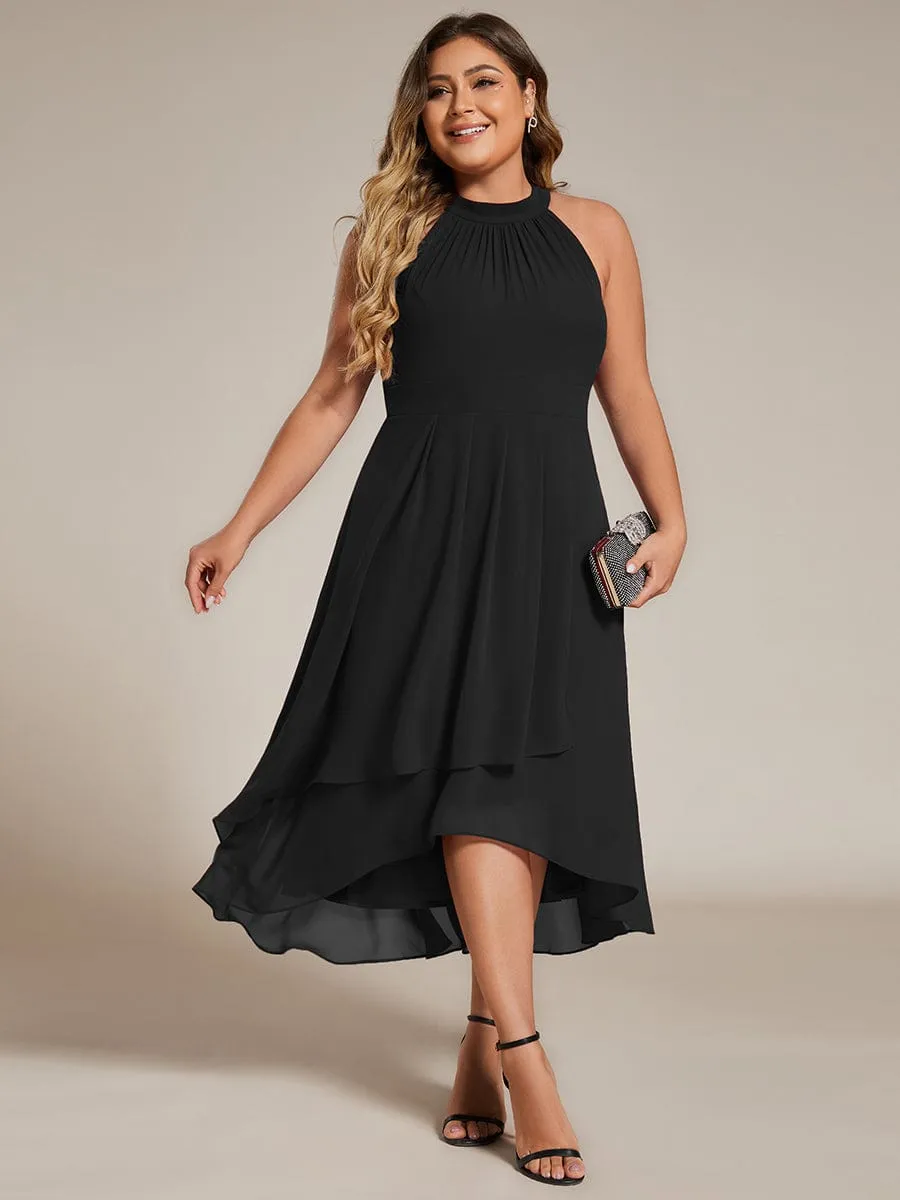 Flowy Plus Size Halter Neck Chiffon Midi Wedding Guest Dress