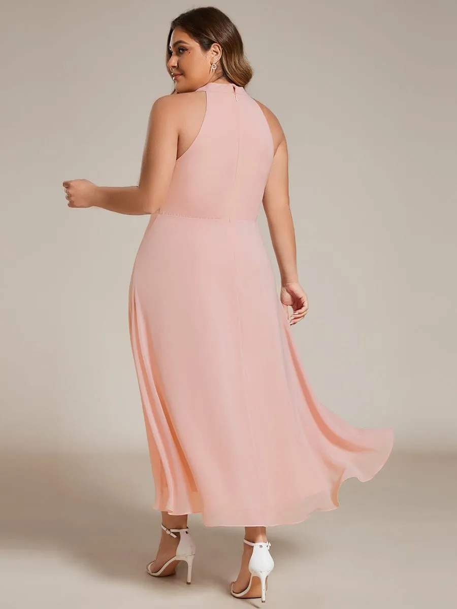 Flowy Plus Size Halter Neck Chiffon Midi Wedding Guest Dress