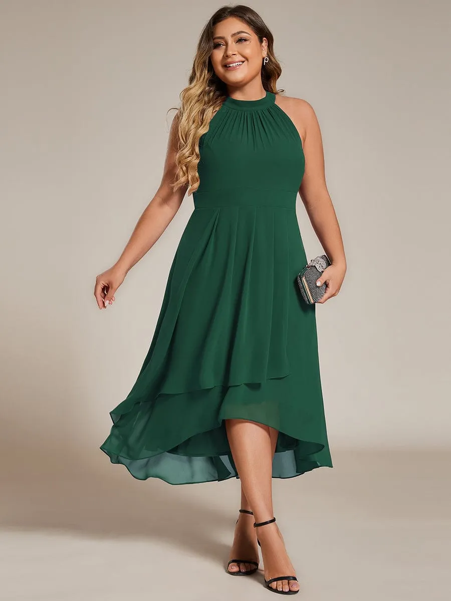 Flowy Plus Size Halter Neck Chiffon Midi Wedding Guest Dress