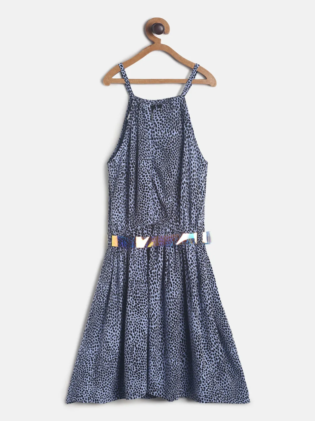 Girls Dark Blue Printed Dress With Belt