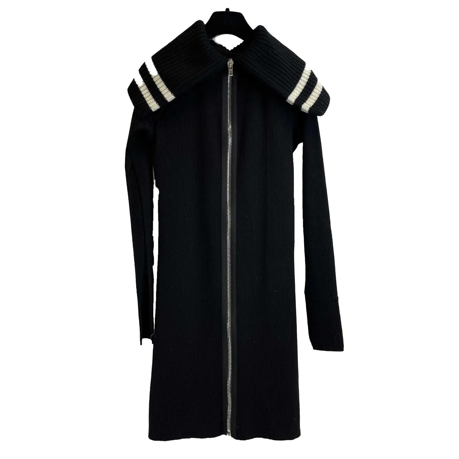 Givenchy - Knit Racer Striped Black Dress Zip Up Large Collar -Black Dress - S