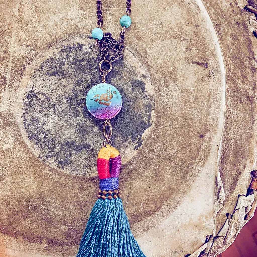 global // colourful coin and tassel boho pendant necklace