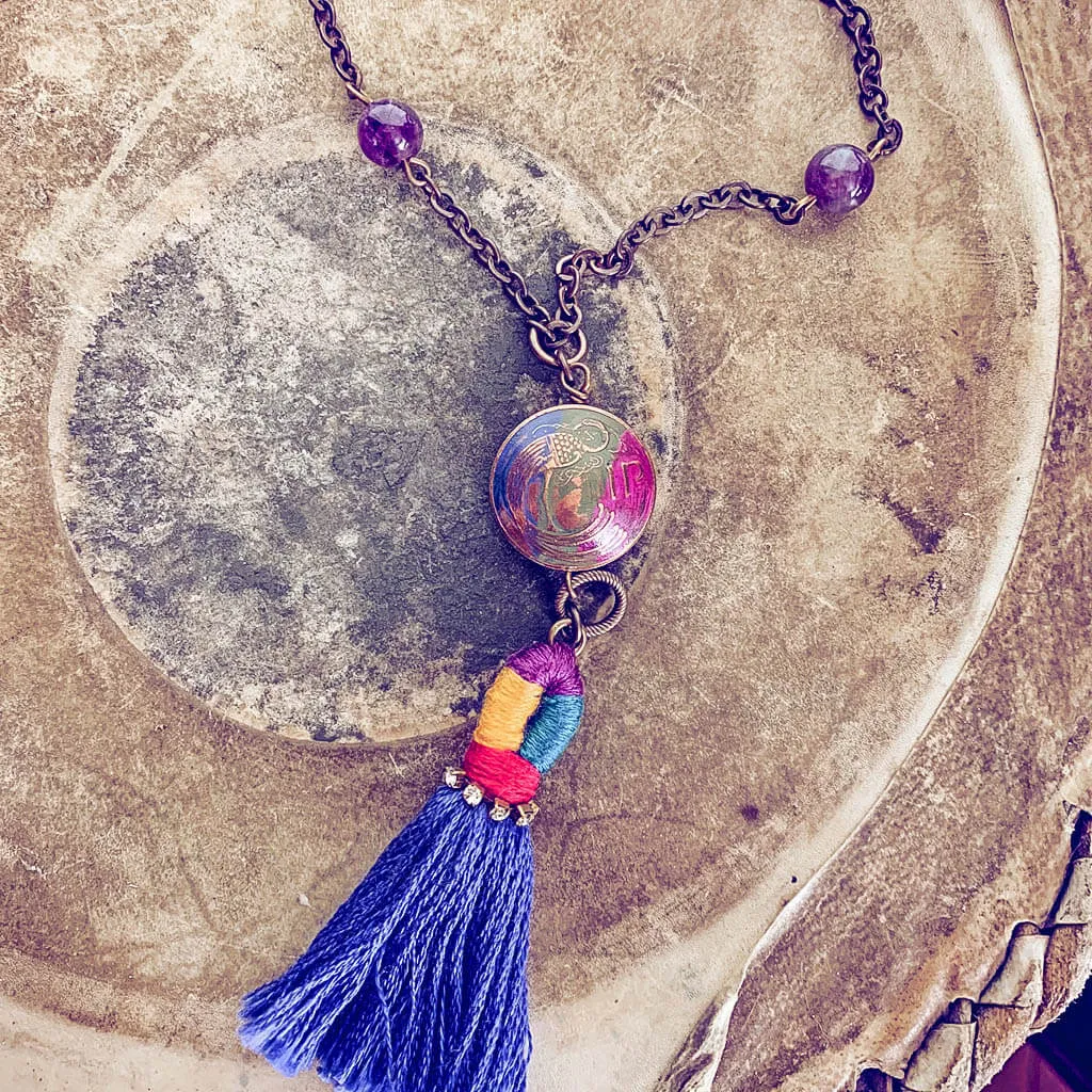 global // colourful coin and tassel boho pendant necklace