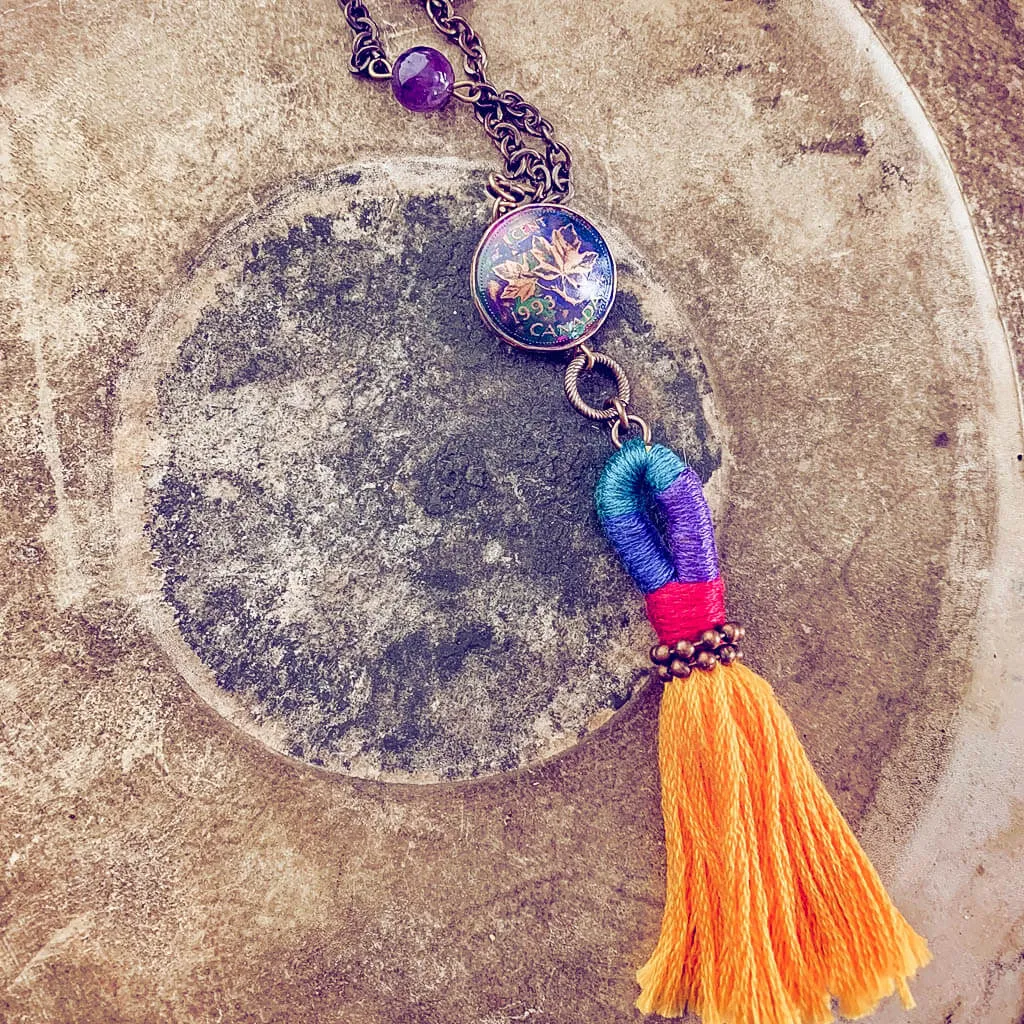 global // colourful coin and tassel boho pendant necklace