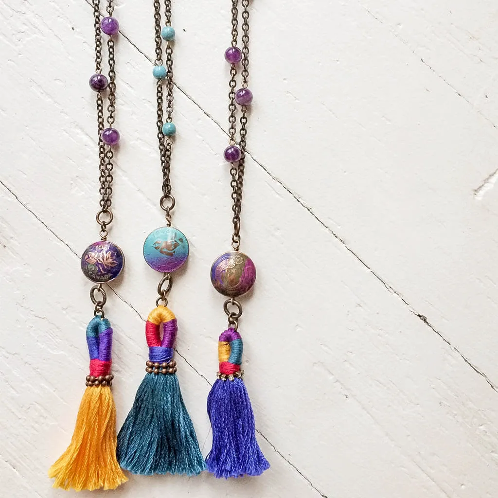 global // colourful coin and tassel boho pendant necklace