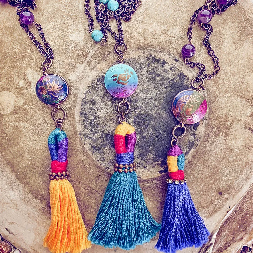 global // colourful coin and tassel boho pendant necklace