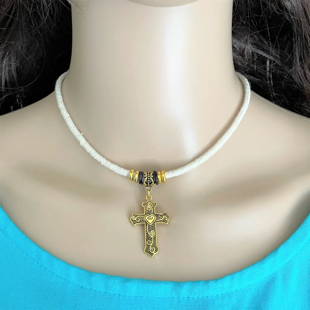 Gold Cross on White Cord Choker