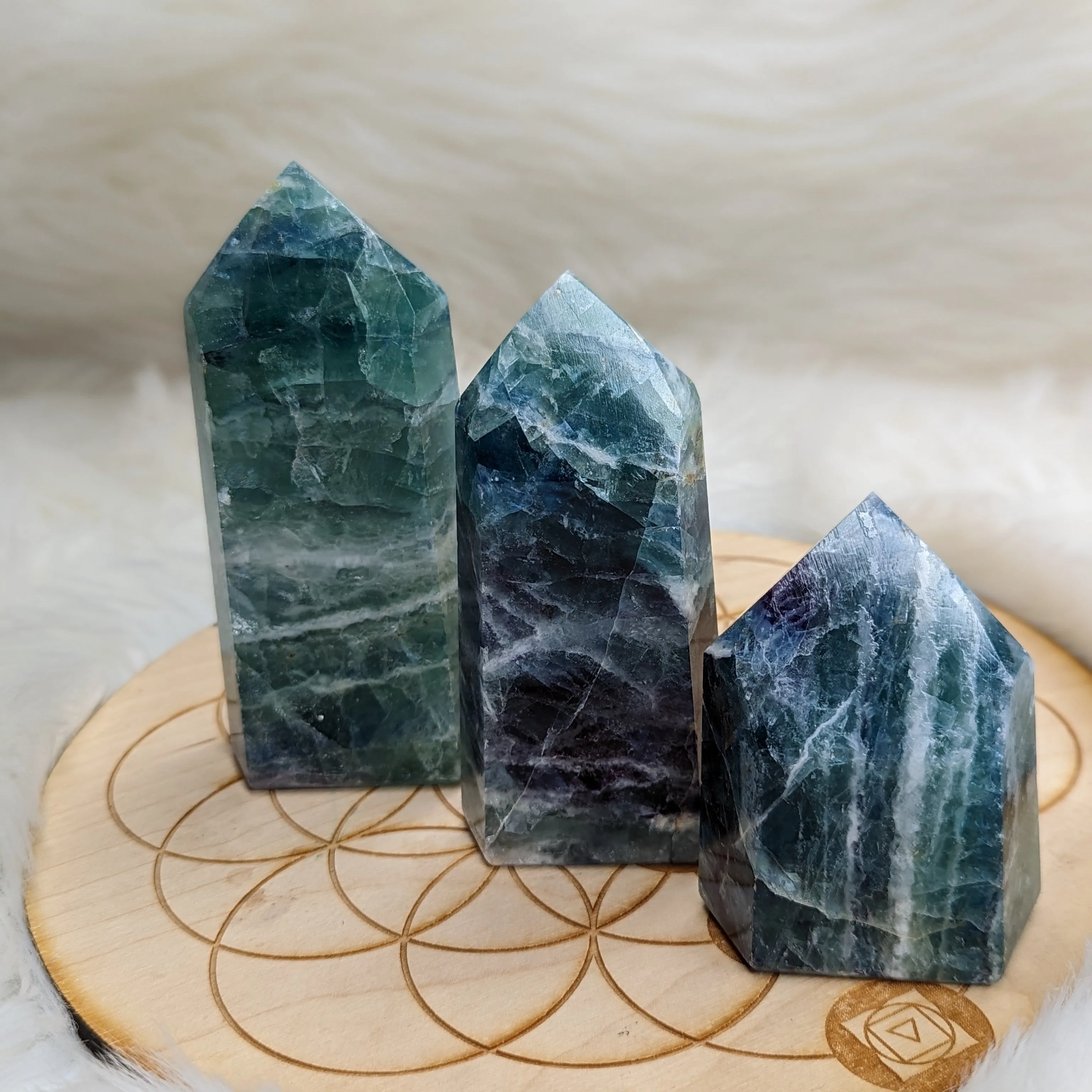 GORGEOUS Rainbow Flourite Obelisk Carving ~ Stunning Blues and Greens