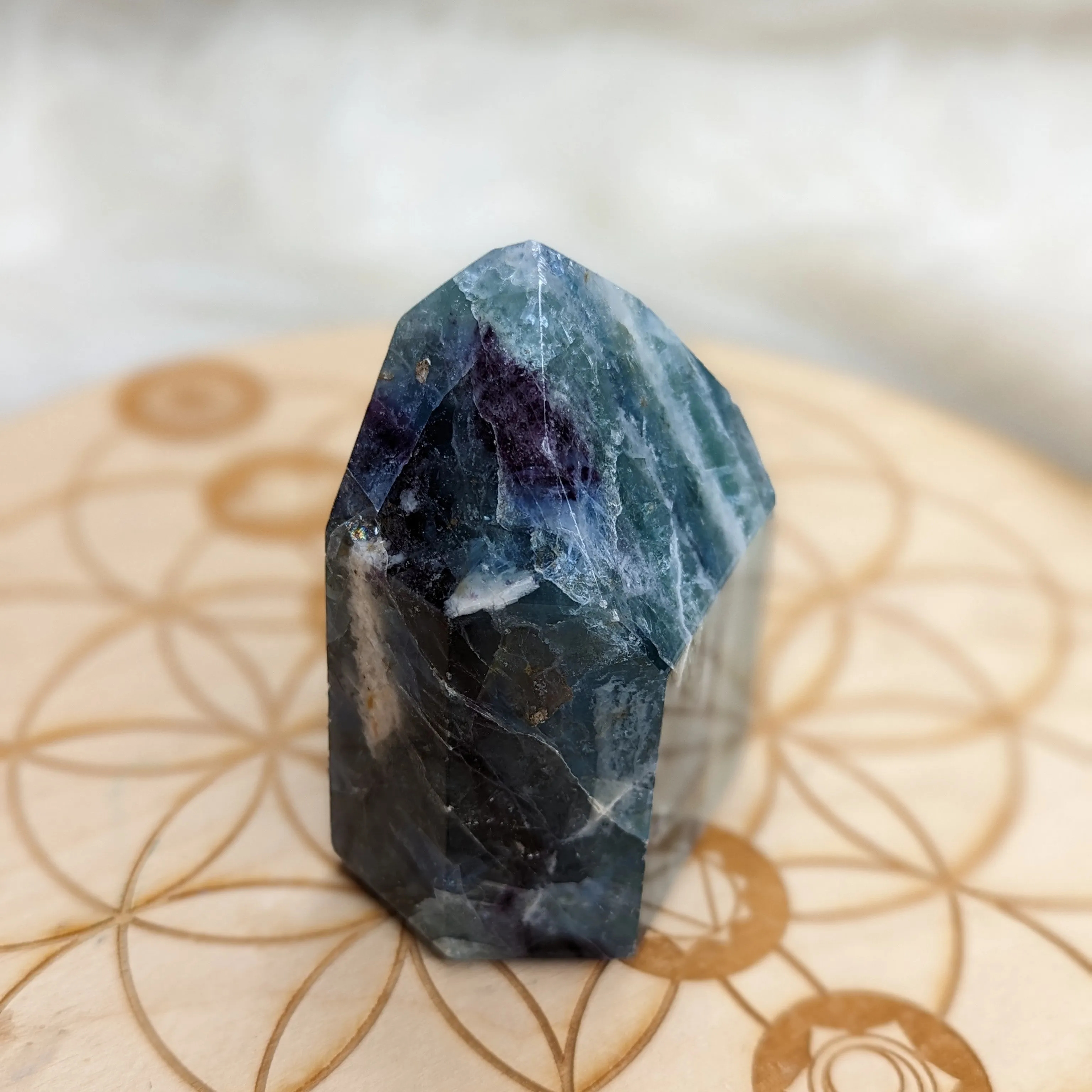 GORGEOUS Rainbow Flourite Obelisk Carving ~ Stunning Blues and Greens