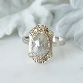 Grey Diamond Halo Ring - Unique Grey Oval Rose Cut Diamond Ring - Multi-Color Diamond Halo Ring