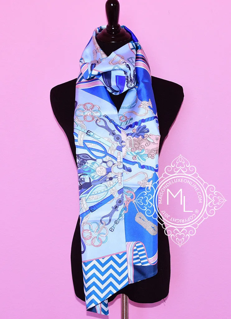 Hermes Blue Pink Bouquets Sellier Silk Maxi Twilly Scarf Wrap