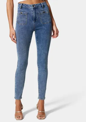 High Waist Patch Pocket Skinny Leg Jeans