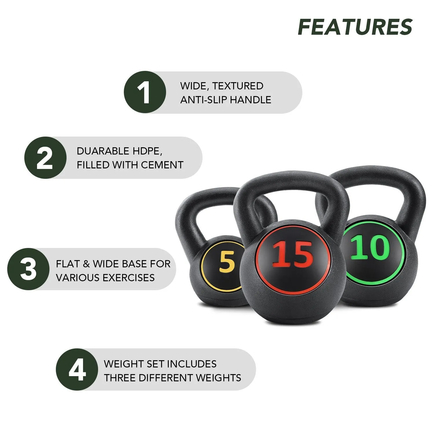 Kettlebell Set 3-Piece Wide Handle HDPE Coated 5lb, 10lb, 15lb Weights Kettlebells with Storage Rack Exercise Fitness for Strength Training Home Gym