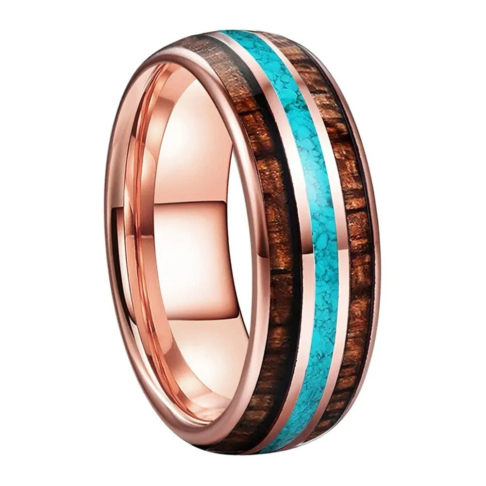 Koa Wood & Turquoise Rose Gold Tungsten Ring (8mm)