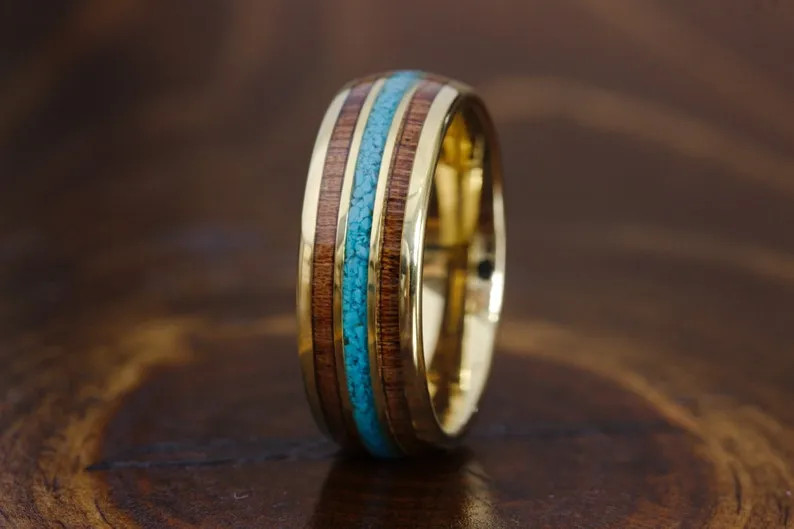 Koa Wood & Turquoise Rose Gold Tungsten Ring (8mm)