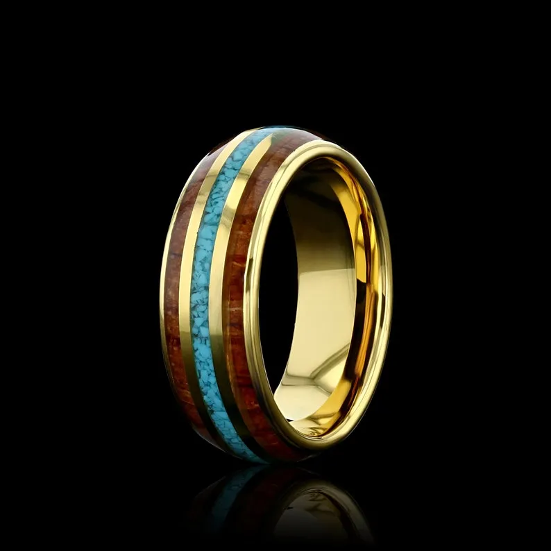 Koa Wood & Turquoise Rose Gold Tungsten Ring (8mm)