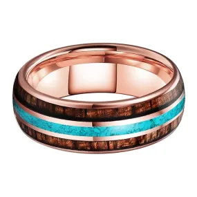 Koa Wood & Turquoise Rose Gold Tungsten Ring (8mm)