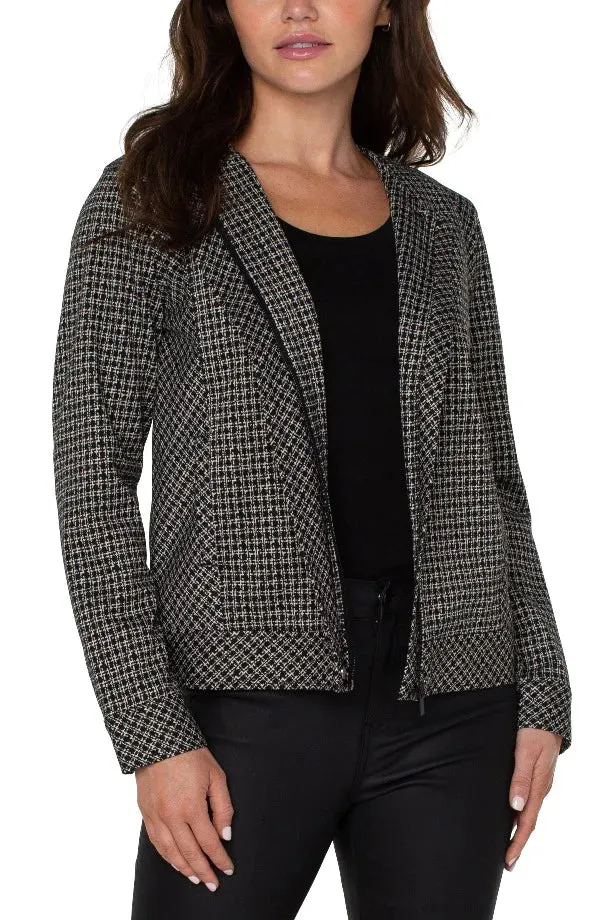 Liverpool Collarless Zip Up Jacket - Black/Tan Lattice Plaid