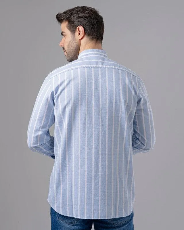 LONG SLEEVE STRIPED SHIRT WITH MANDARIN COLLAR - SKY BLUE