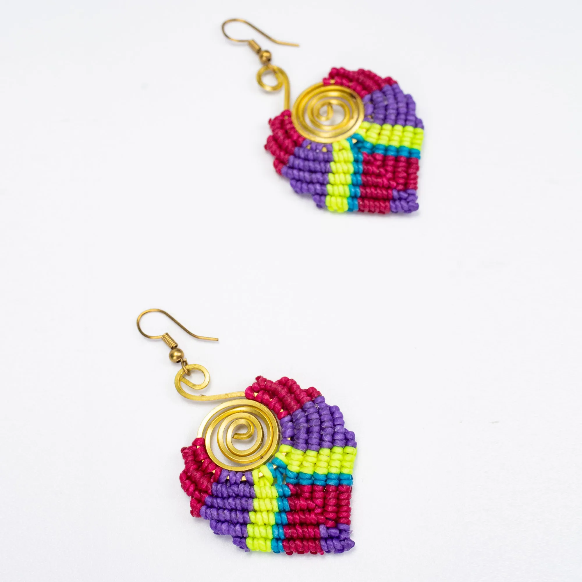 Magenta Purple Waxed String Spiral Brass Earrings