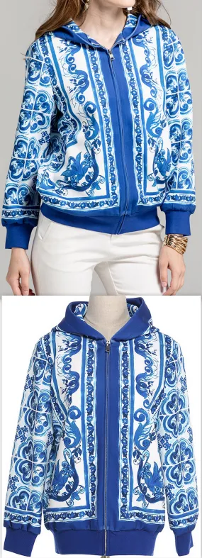 'Majolica' Print Hooded Jacket