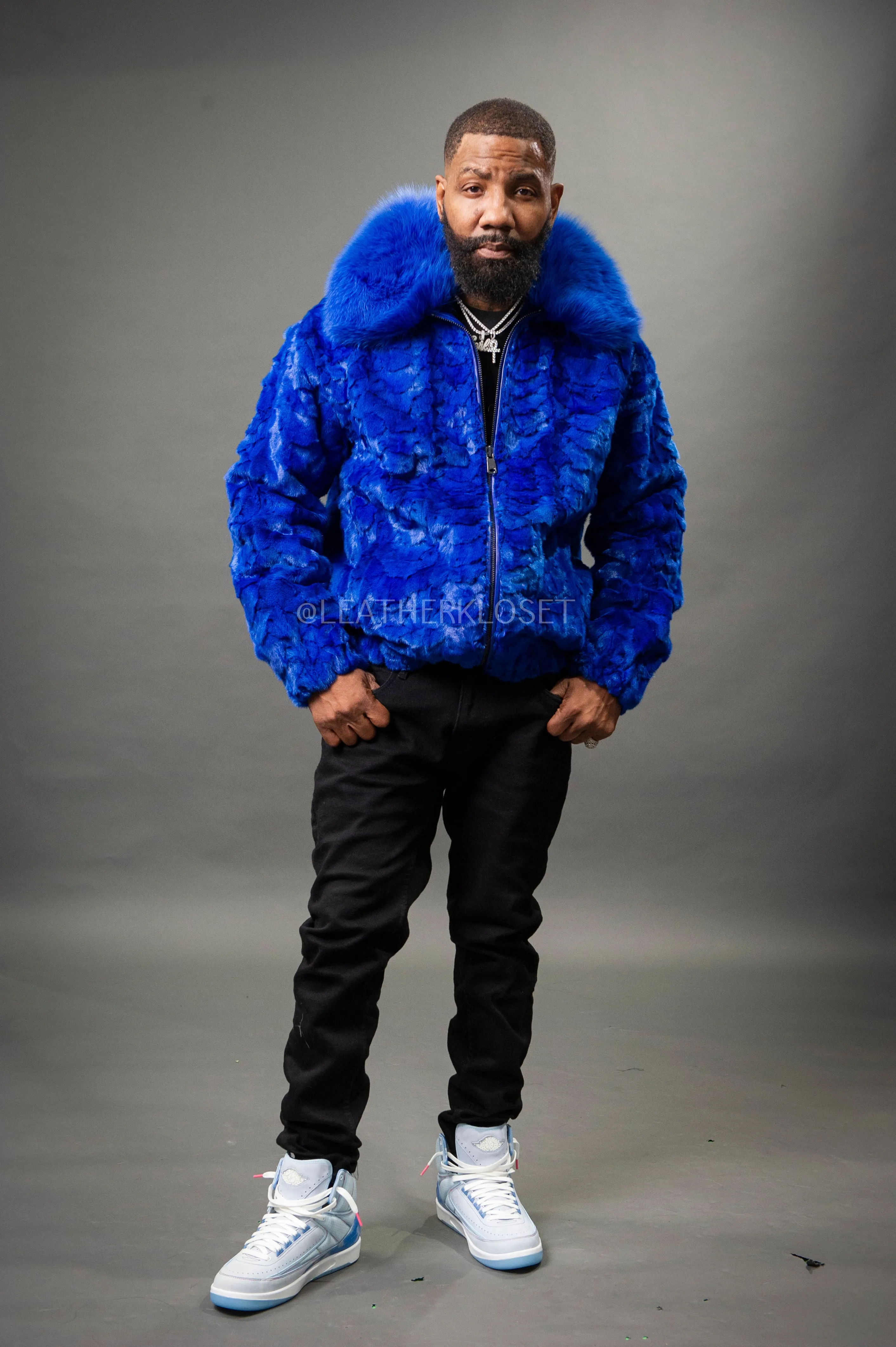 Men's Mink with Fox Fur Bomber Jacket [Royal Blue]