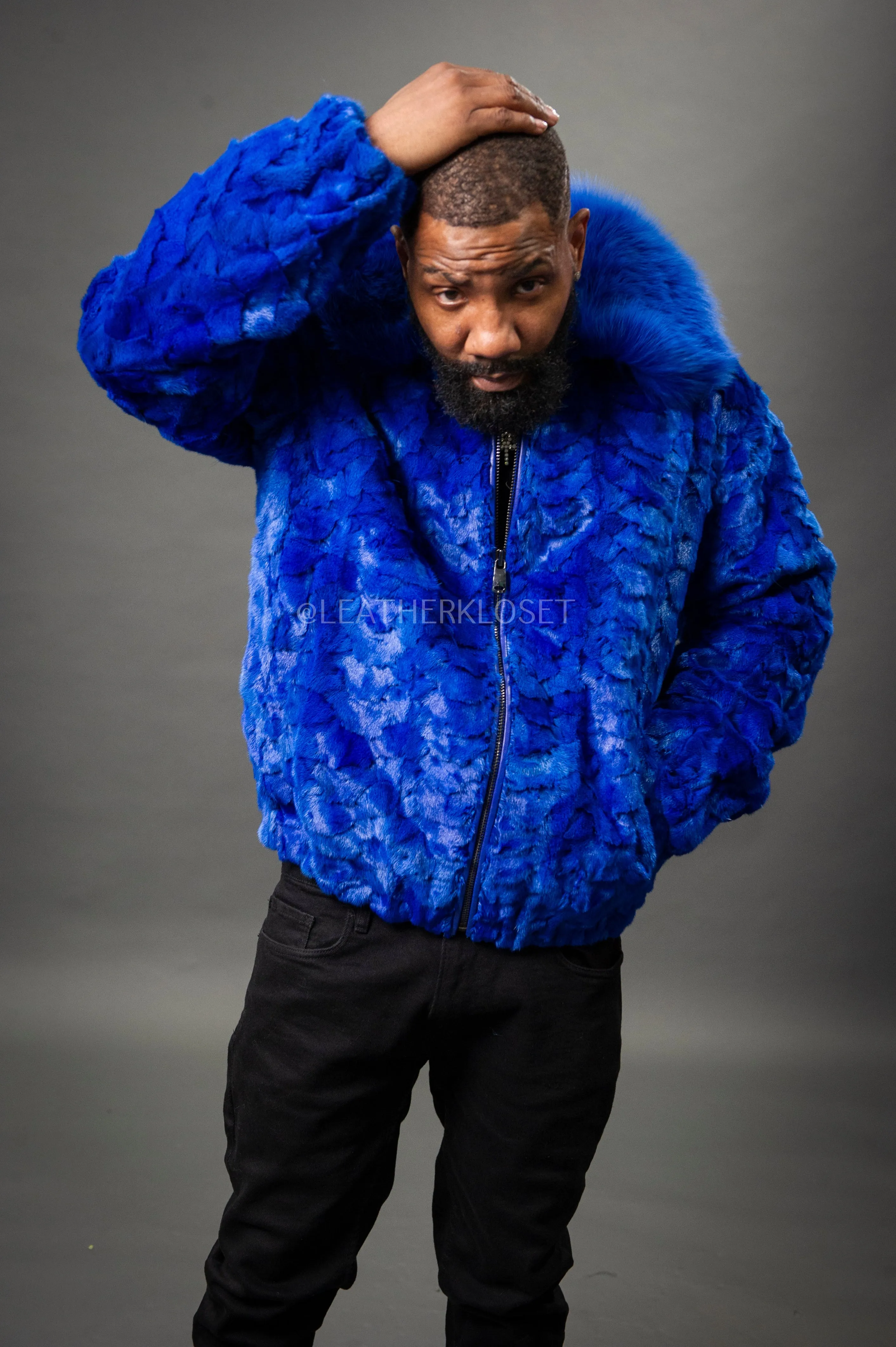 Men's Mink with Fox Fur Bomber Jacket [Royal Blue]