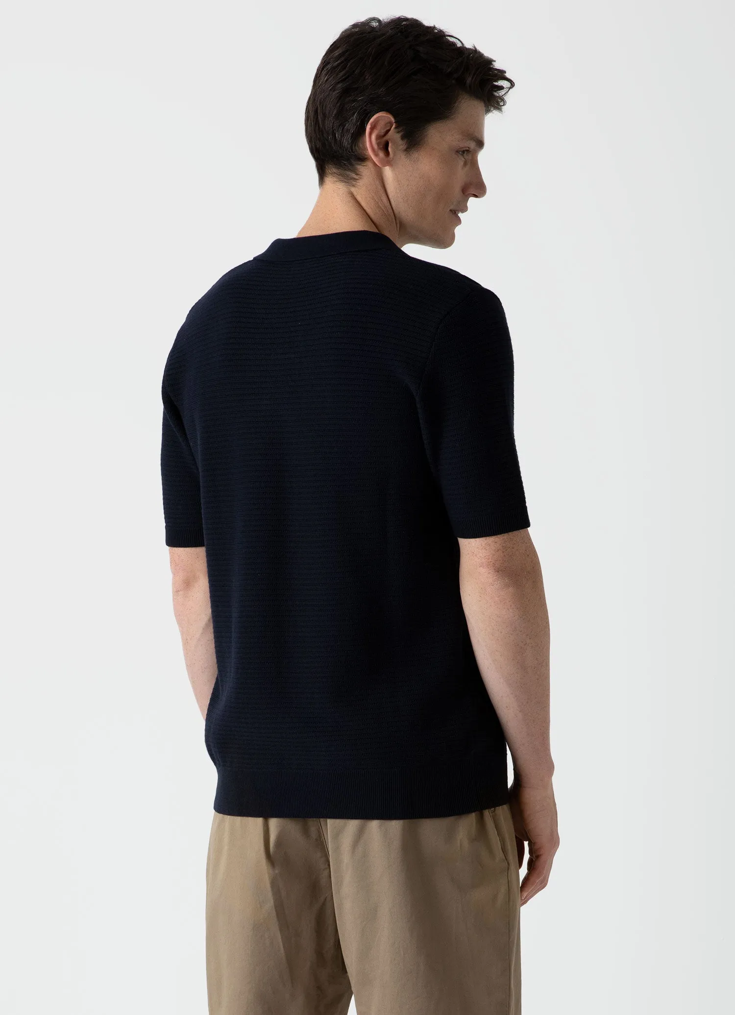 Men's Open Textured Polo Shirt in Navy