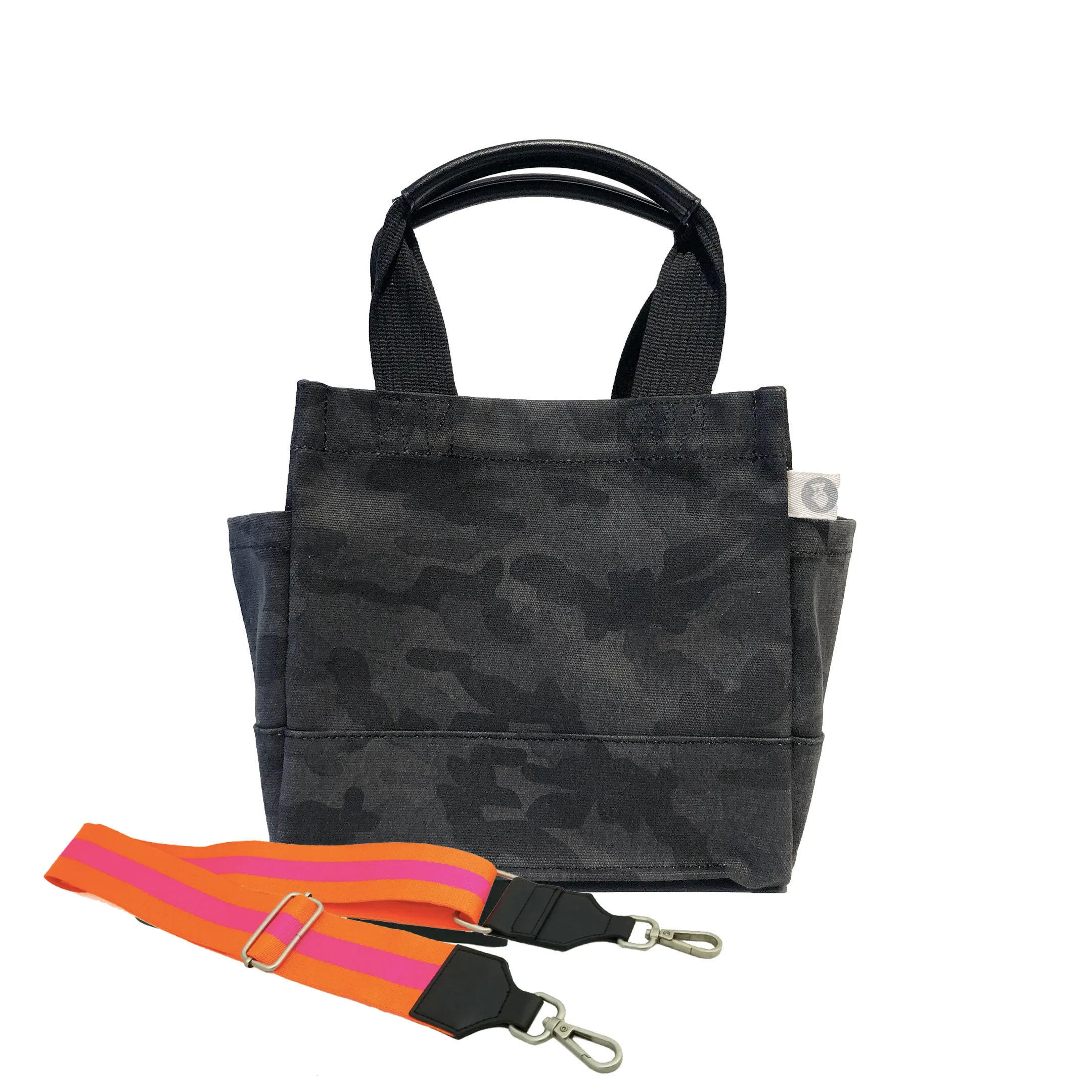 Mini Luxe North South Bag: Black Camouflage with Color Stripes