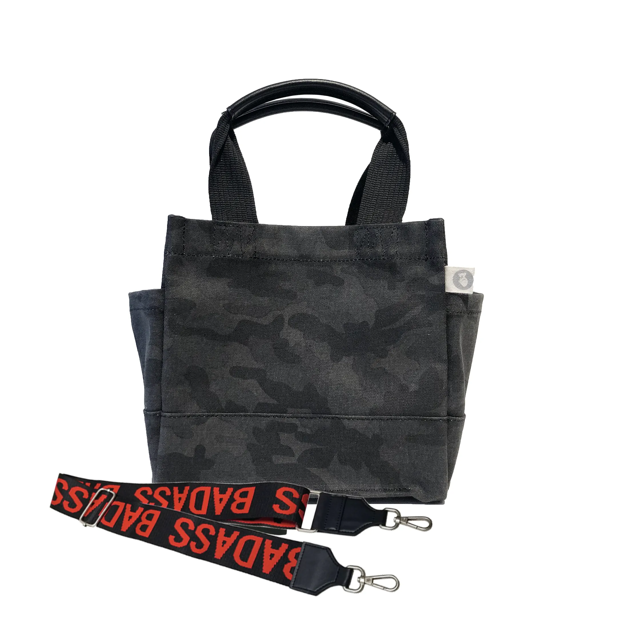 Mini Luxe North South Bag: Black Camouflage with Color Stripes