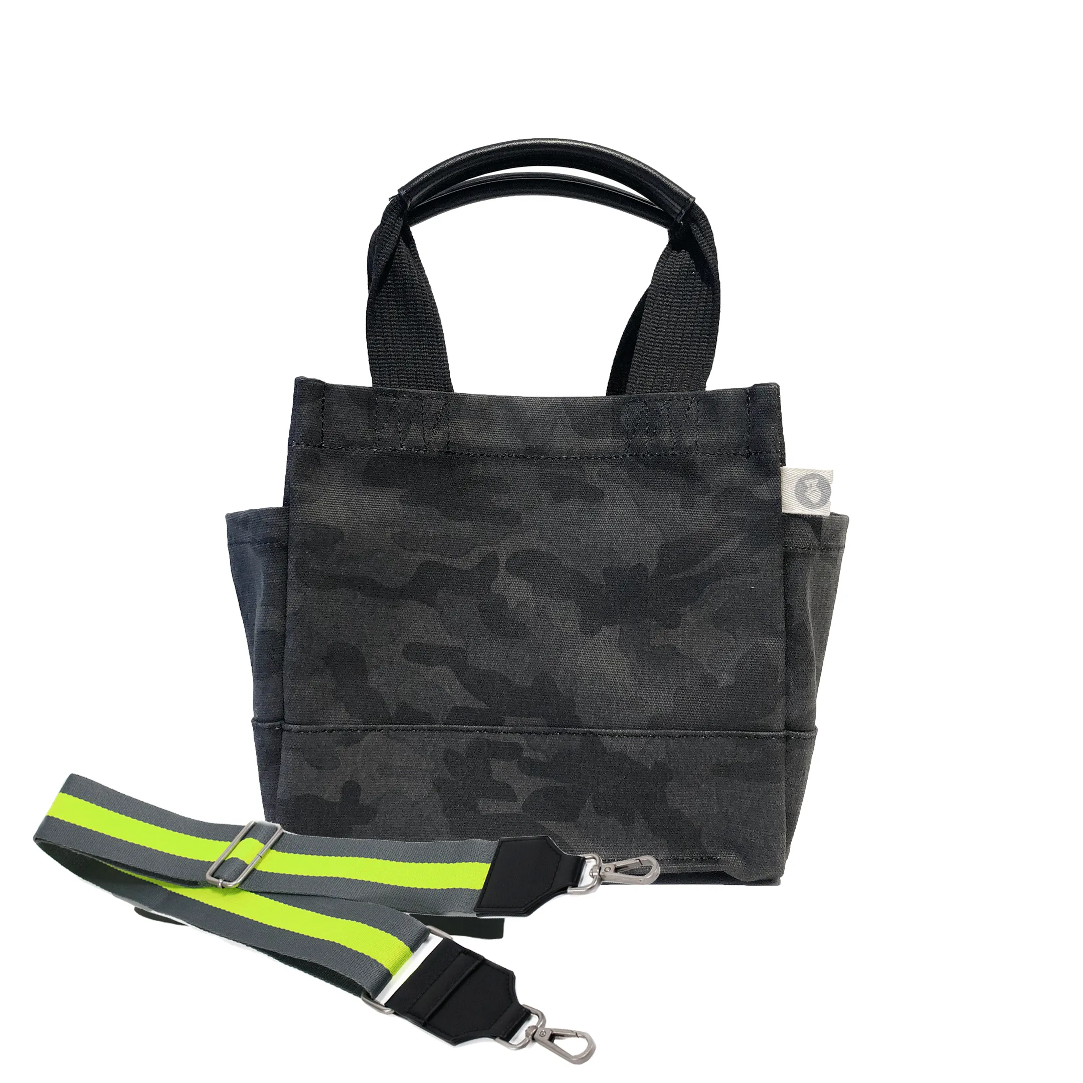 Mini Luxe North South Bag: Black Camouflage with Color Stripes